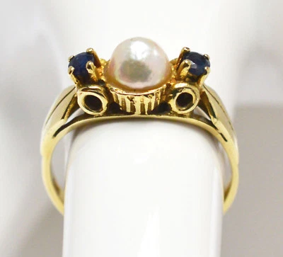 Top Damenring Damen Ring 14 Karat 585 Gold 3,2 g Gelbgold Perle 2 Saphire Gr. 53 - Bild 1 von 3