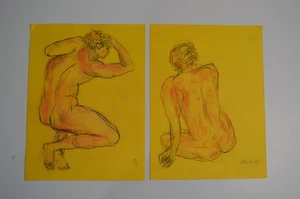 Nude Male Studio Art Drawing Companion Pieces Signed Orange Yellow Gay Collectib - Picture 1 of 21
