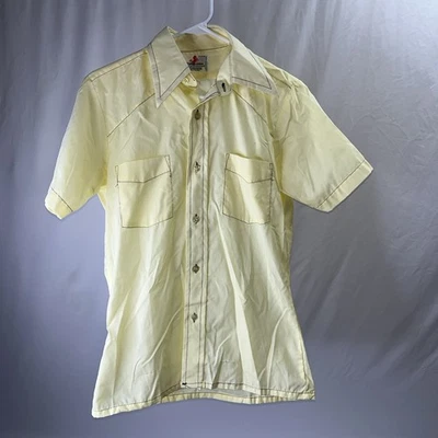 Vtg Yellow 70s Youngbloods Shirt Mens Disco Hippie Boogie Nights Mod 1970 - Image 1 of 4