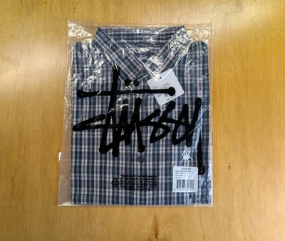 Camisa Stussy Para Hombre Mediana Azul Marino A Cuadros Manga Larga Con Botones Nueva Foto 1 de 4