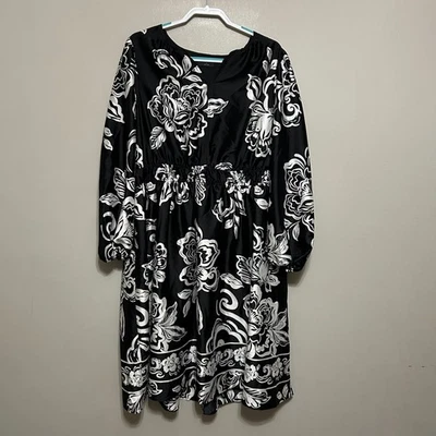 Lane Bryant Dress 20 Black White Floral Long Sleeve Elastic Waist - Image 1 of 4