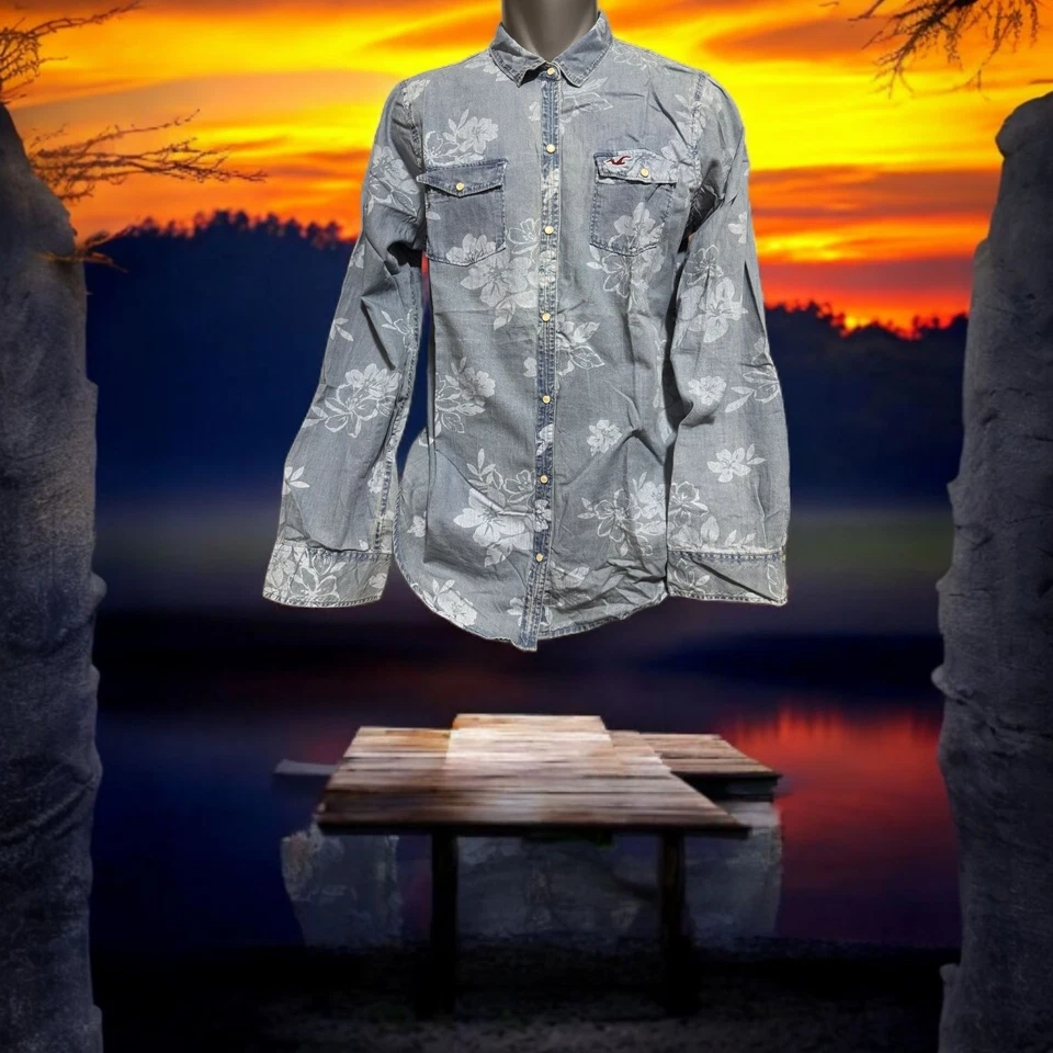 Hollister @ Womens Denim Premium Long Sleeve Shirt Blue Floral - Size L - Image 1 of 1