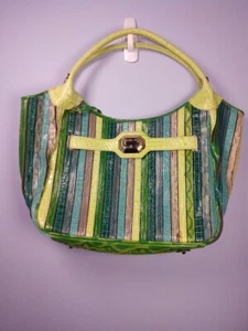 Madi Claire Multi Color Stripe Shoulder Bag Green Blue Aqua Large Embossed *FLAW - Picture 1 of 21