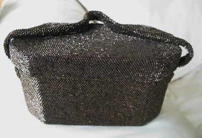 Vintage Brown Copper Crochet Beaded Box Satin Lined Mirror Purse 1930 1940 - Image 1 of 4