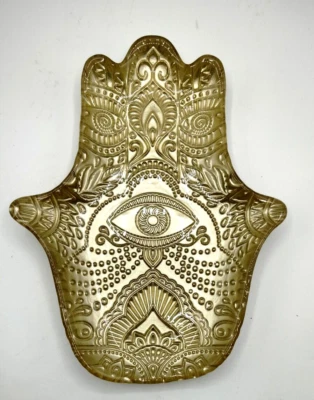 Akcam Turco Vidrio Cubierto de Oro Mano Ojo Joyería Baratija Plato Exhibición BOHO Foto 1 de 4