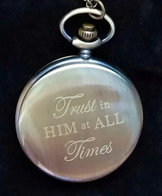NEW QUARTZ POCKET WATCH KJV BIBLE PSALM 62:8 TRUST IN HIM PENDANT NECKLACE CHAIN - Image 1 of 4