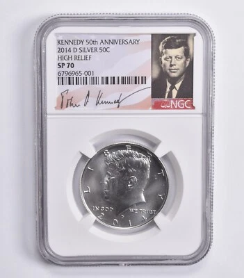 SP70 High Relief 2014-D Silver Kennedy Half Dollar 50th Anniv NGC - Image 1 of 4