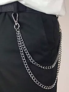 Men Jeans Silver Plated Chain Punk Hip-Hop Style Multi-Layer Accessory Fashion - Picture 1 of 5