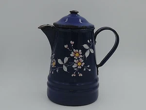 Vintage French Enamelware Cobalt Blue Handpainted Flowers Teapot 1920's Enamel - Picture 1 of 3