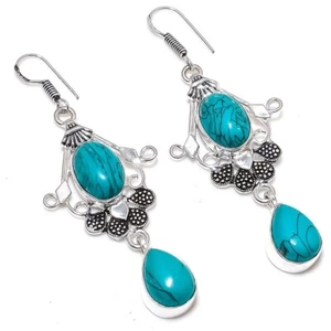 Turquoise Gemstone Handmade 925 Sterling Silver Jewelry Earring Sz 2.4'' - Picture 1 of 1
