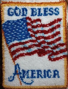 Completed Latch Hook God Bless America American Flag Hooked Rug Wall Hanging - Picture 1 of 2