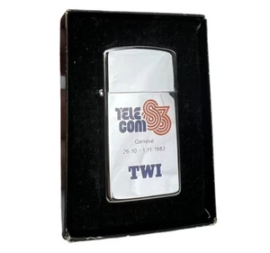 Vintage 1983 TWI Telecom ‘83 ZIPPO SLIM LIGHTER W/ Logo IN BOX Advertising - Picture 1 of 14