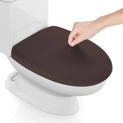Cubierta de tapa de inodoro de spandex elástico, cubierta de asiento de inodoro gruesa para baño, café Foto 1 de 2