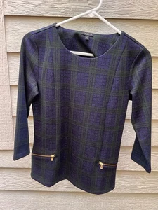 Talbots Bluse Oberteil Damen PS blau grün kariert Rundhals Taschen Pullover Neu mit Etikett - Bild 1 von 6
