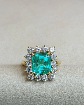 14K Yellow Gold Emerald Ring Natural Colombian Emerald & Diamond Wedding Ring - Image 1 of 3