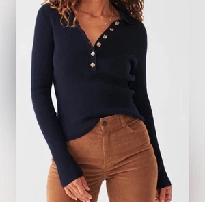 Faherty Womens Mikki Polo Ribbed Sweater Top Cotton Cashmere Casual Navy Size XS - Picture 1 of 6