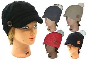 Ladies Winter Knit Cap Beanie Women Ski Knit Beanie Visor Cap Hat with Button - Picture 1 of 10