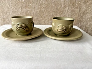 2 Hand crafted Frog Demitasse Cups & Saucers ~ART STUDIO POTTERY ~ Green - Picture 1 of 10
