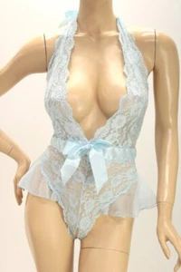 Vintage Dreamgirl Teddy OS S M L blau Stretch Spitze offener Schritt hohe Beine launisch - Bild 1 von 10