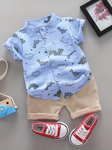Infant and Toddler Summer Full Print Small Dinosaur Pattern Short Sleeved Shorts - Picture 1 of 26