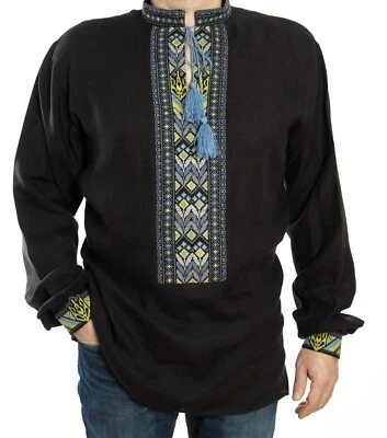 Vyshyvanka mens Black blue yellow Ukraine hand cross Embroidery Linen SHIRT - Image 1 of 4