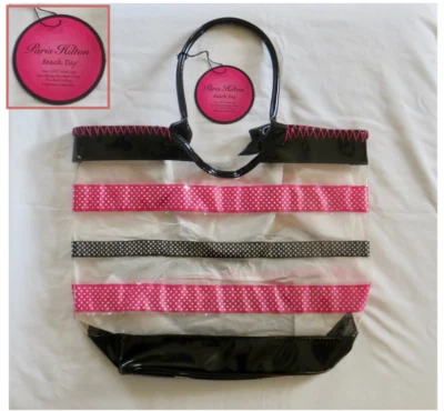 Paris Hilton Large Beach Bag Day Tote NEW Pink Black Clear Barbie-Worthy Satchel - Image 1 of 4