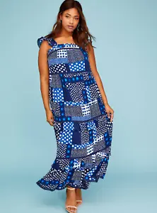 NEW LANE BRYANT BLUE PATCHWORK POLKA DOT PEASANT MAXI DRESS PLUS SIZE 20 20W 2X - Picture 1 of 8