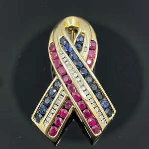 Estate USA Flag Ribbon Pin Diamond, Ruby & Sapphire 14k 1.70ctw - Picture 1 of 3