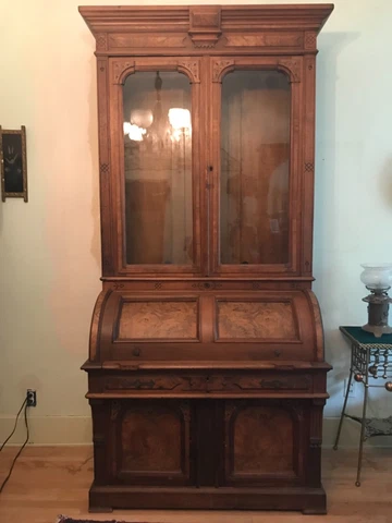 Victorian Eastlake Aesthetic Walnut Cylinder Secretary Desk Bookcase Cover