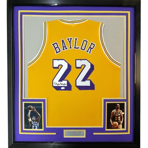 Framed Autographed/Signed Elgin Baylor 33x42 Los Angeles Yellow Jersey JSA COA - Picture 1 of 2