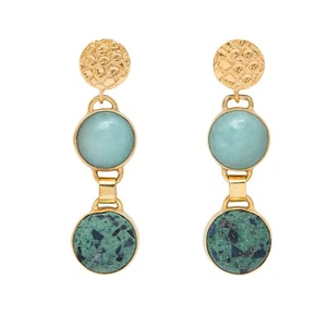 Nuevos pendientes colgantes hechos a mano de cuarzo y jaspe azul acuático enchapados en oro rosa 18k - Imagen 1 de 3