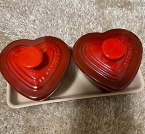 Le Creuset Petite Ramekin Heart Cocotte & Tray Set Red [without Box] Used