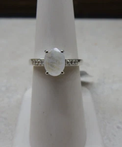 Sigze 6 Genuine 1.3cts Rainbow Moonstone and White Zircon Silver Ring (2) - Picture 1 of 11