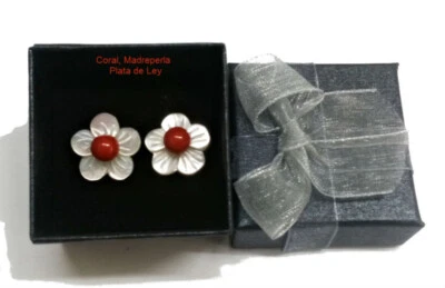 Pendenti Da Madreperla Fiori , Coral Rosso Asferico 6 MM E Argento di Legge 925 - Immagine 1 di 4