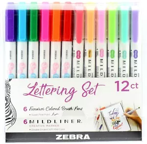 Zebra LETTERING SET 10012 Set of 12 pc Brand NEW! 6 Mildliner/6 Brush Pens - Picture 1 of 7