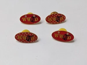 Menge 4 WWJD Anstecknadel Krawattennadel goldfarben rot oval Was würde Jesus tun - Bild 1 von 5