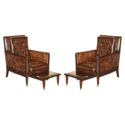 PAIR OF ANTIQUE REGENCY  BROWN LEATHER CHESTERFIELD ARMCHAIRS EXTENDING STOOLS - Image 1 of 4