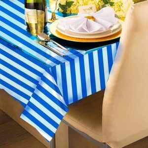 Metallic Plastic Rectangular Blue & White Stripe Table Cover Party Tablecloth - Picture 1 of 1