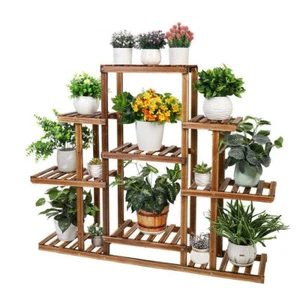 9 Tiers Heavy Duty Wooden Plant Stand Flower Bonsai Display Shelf Home Garden - Picture 1 of 14