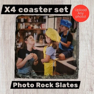 x4 Personalised Rock Slate Drink Coasters ANY PHOTO Custom Text Christmas Gift - Picture 1 of 1