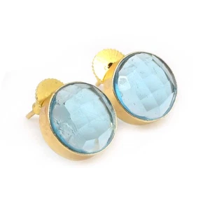 Facettierter himmelblauer Topas Quarz Handarbeit vergoldet Schmuck Ohrstecker 1" i153 - Bild 1 von 5