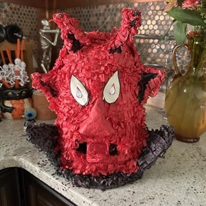 Halloween Devil Cardboard Pinata Retro 13” Red And Black Crepe Paper Made Mexico - Picture 1 of 8