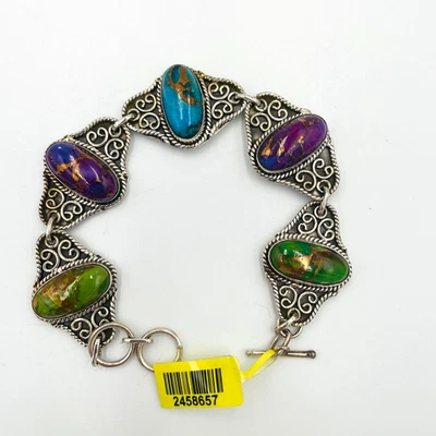 Pulsera de eslabones de filigrana de plata esterlina turquesa cobre multicolor vaquera oeste Foto 1 de 4