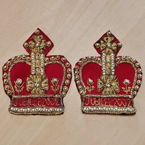 Pair Of Cloth Patch Crown Jubilee 2002 Embellished Beads And Thread 80mm X 100mm - Picture 1 of 24