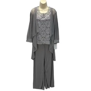 R&M Richards Sleeveless Beaded Round Neck Lace 3-Piece Formal Pant Set - Silver - Picture 1 of 14