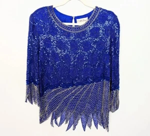 Vintage 70s 80s Marc Lewis S Sequin Beaded 100% Silk Top Blouse Wearable Art - Picture 1 of 14