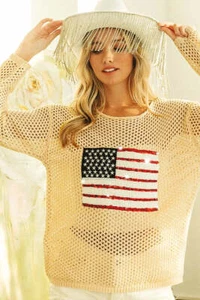 BiBi Sequin American Flag Patch Open Knit Cover Up - Picture 1 of 10