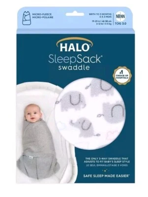 Saco de dormir HALO envoltura de 3 vías - micro vellón estampado Elephant Dreams (0-3 meses) nuevo en caja Foto 1 de 4