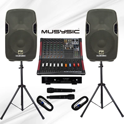 MUSYSIC PA System 2000W 6 Channel Mixer 10" Speakers Wireless Mic pa speaker - Image 1 of 4