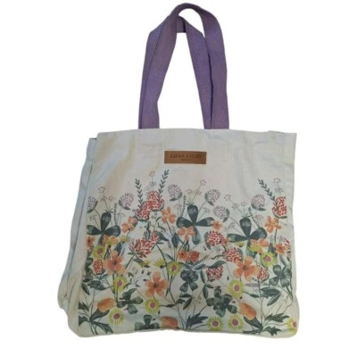 Laura Ashley Canvas Tote Bag Large Floral  Boho Wide Purple Handles Reusable - Image 1 of 4